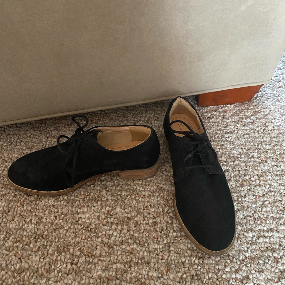Clarks black suede loafers